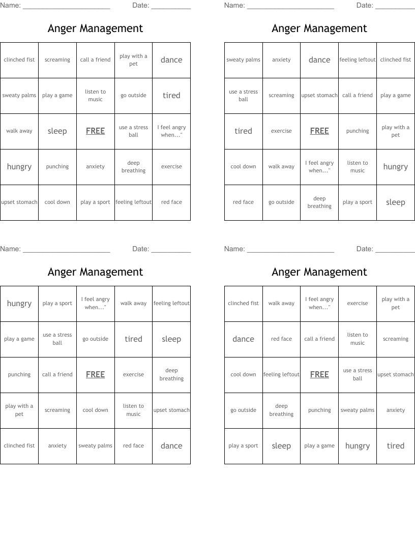 Anger Management Bingo Cards