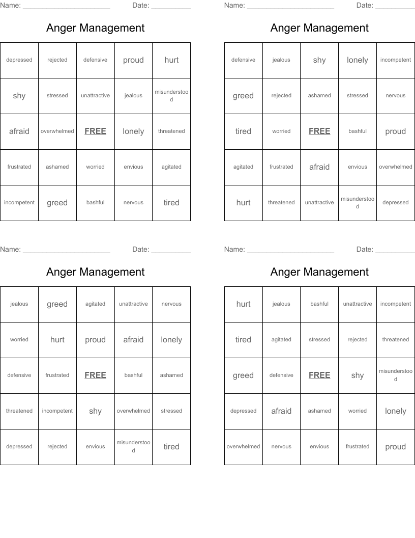 Anger Management Bingo Cards