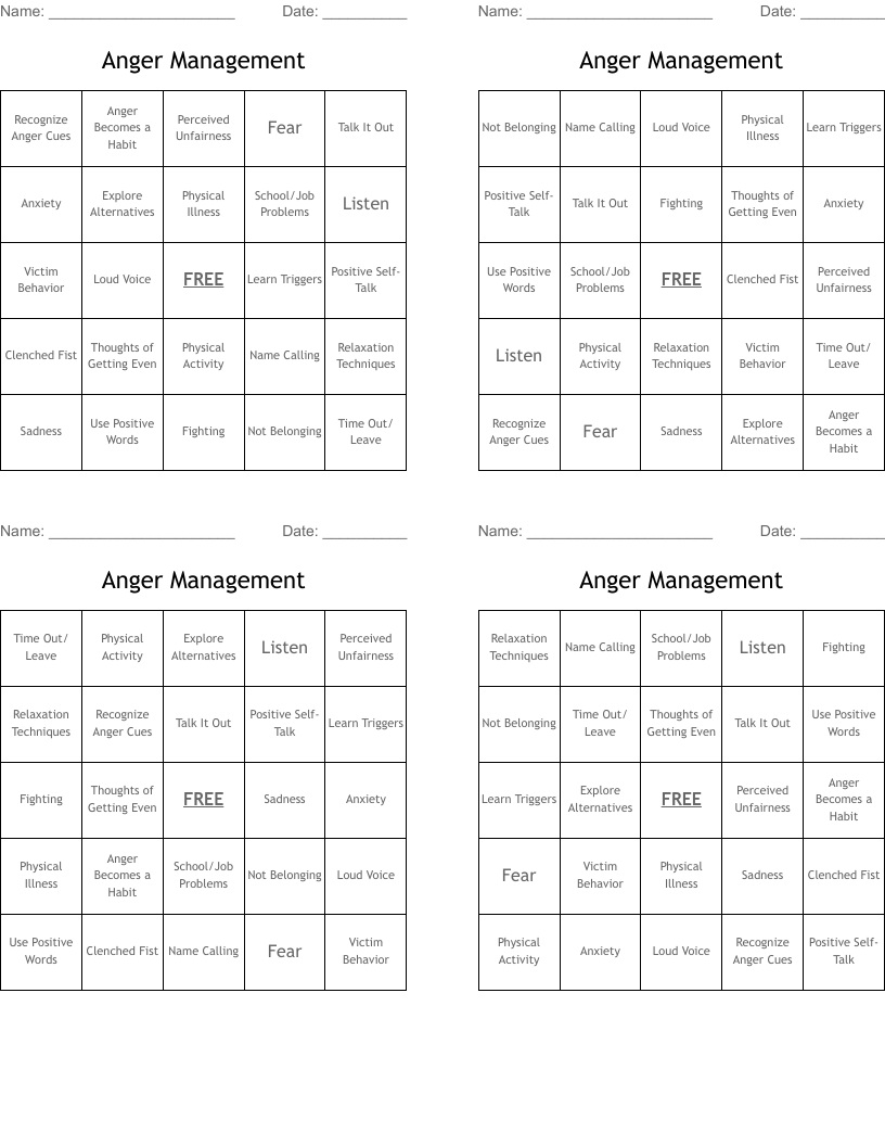 Anger Management Bingo Cards