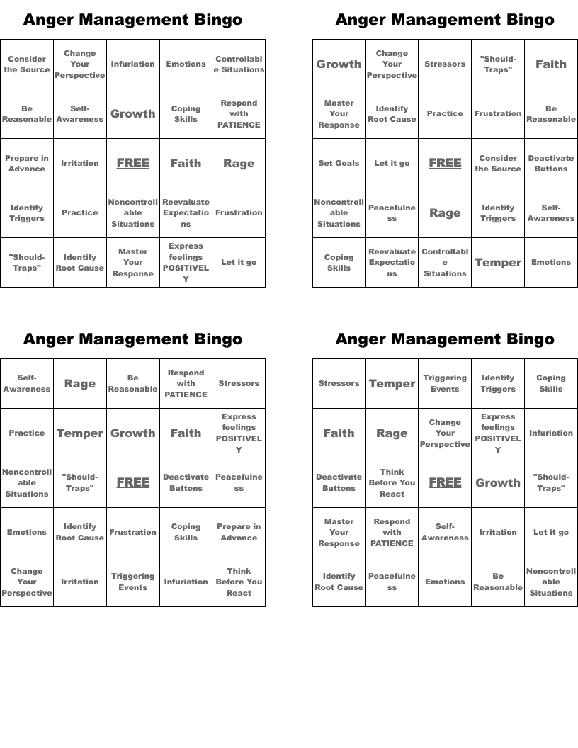 Anger Management Bingo