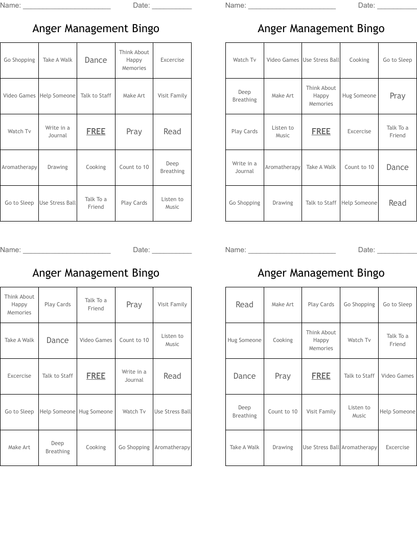Anger Management Bingo
