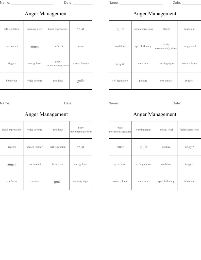Anger Management  Bingo Cards
