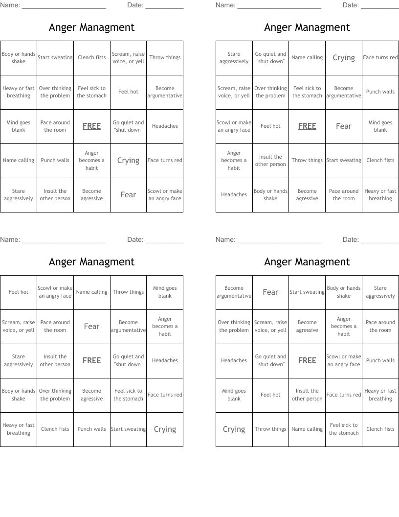 Anger Managment Bingo Cards
