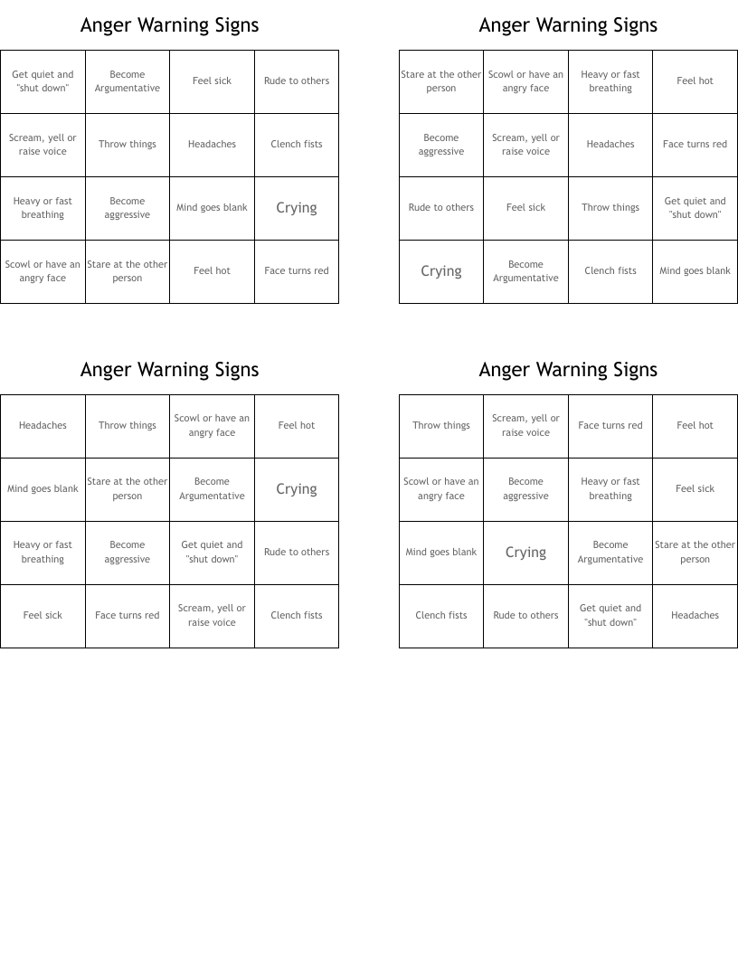 Anger Warning Signs Bingo Cards
