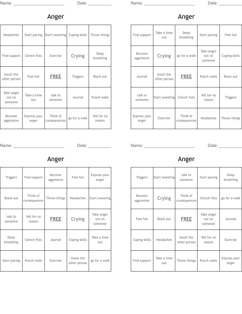 Anger  Bingo Cards