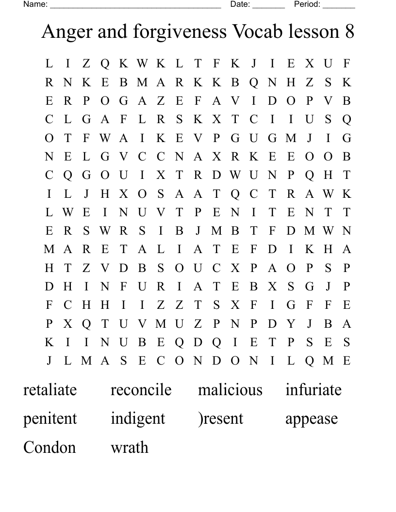 Anger and forgiveness Vocab lesson 8 Word Search