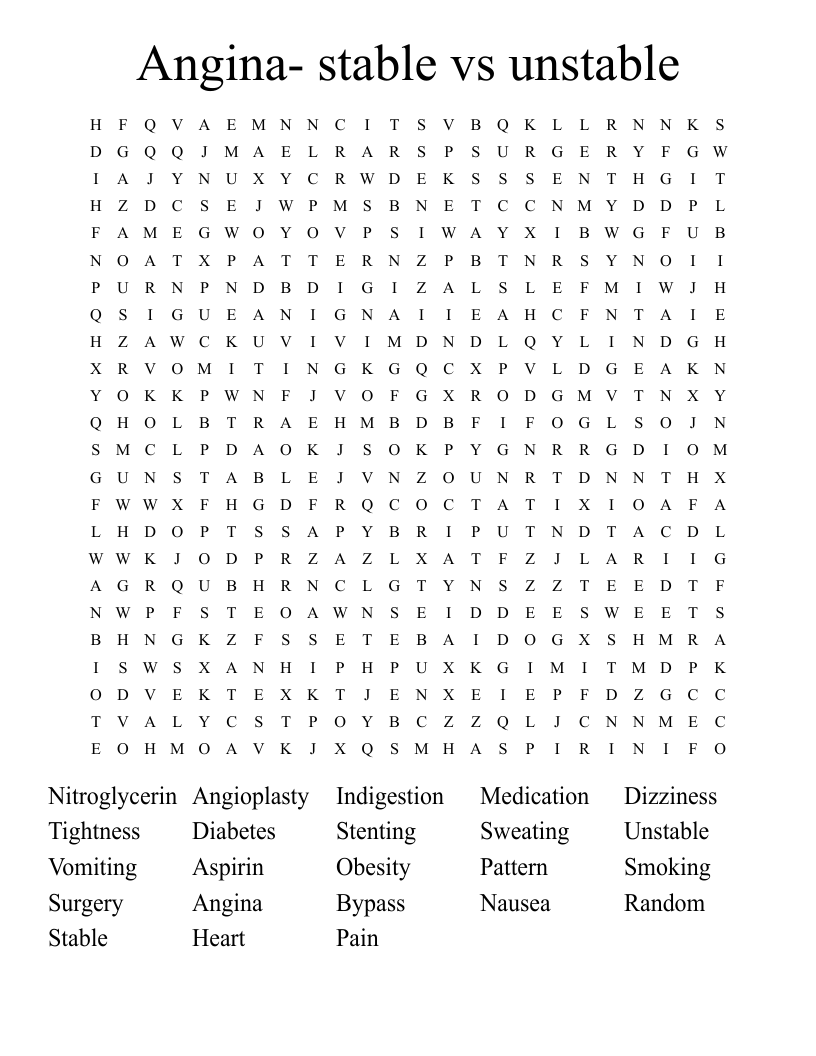 Angina- stable vs unstable Word Search