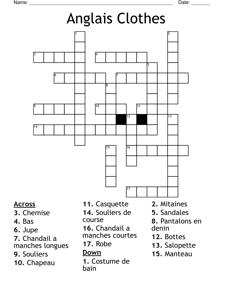 Anglais Clothes Crossword
