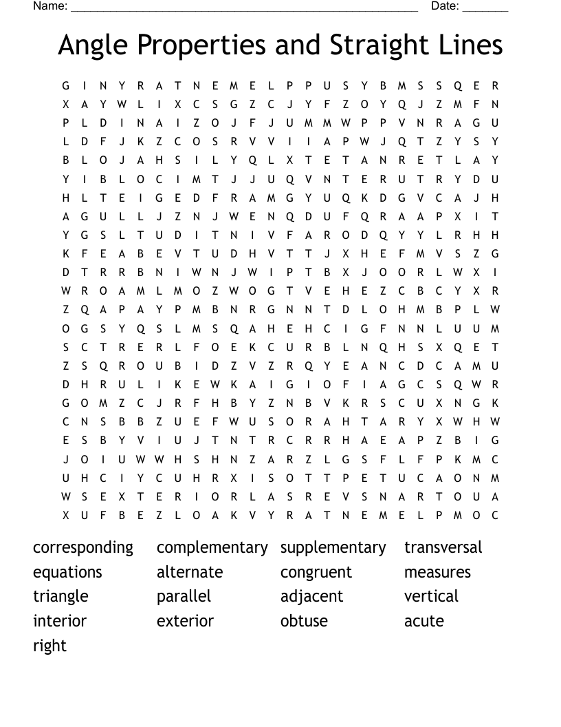 Angle Properties and Straight Lines Word Search