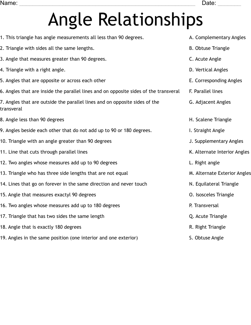 Angle Relationships Worksheet