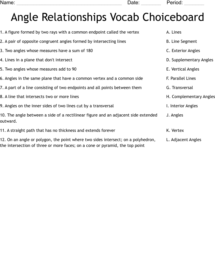 Angle Relationships Vocab Choiceboard Worksheet