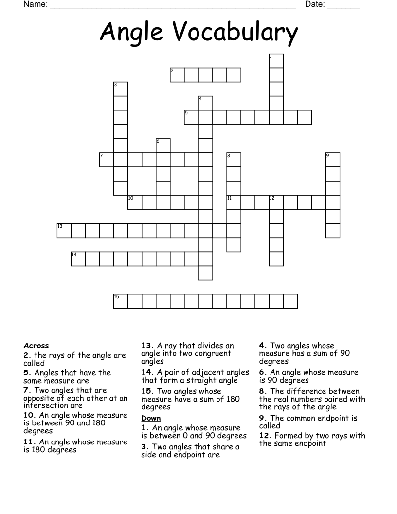 Angle Vocabulary Crossword