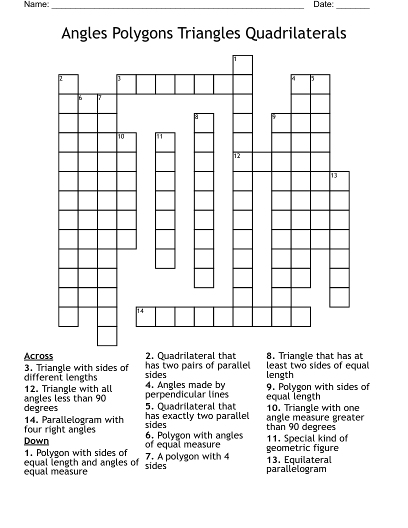 Angles    Polygons    Triangles   Quadrilaterals Crossword