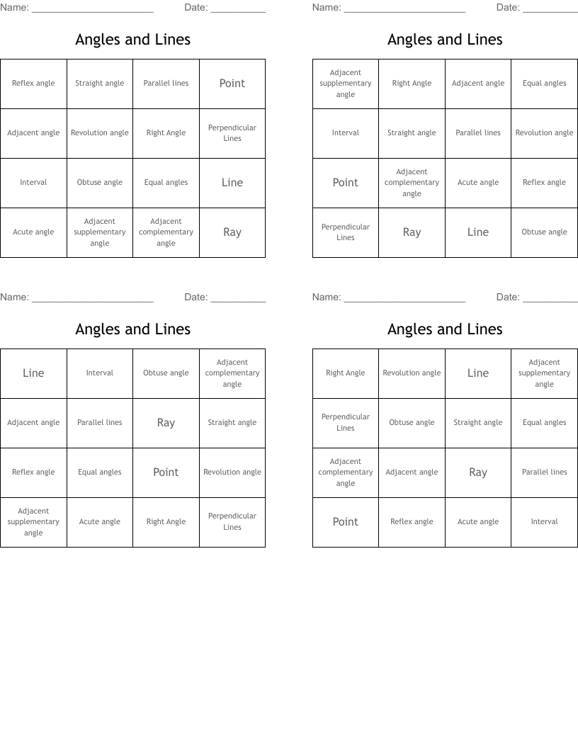 Angles and Lines  Bingo Cards