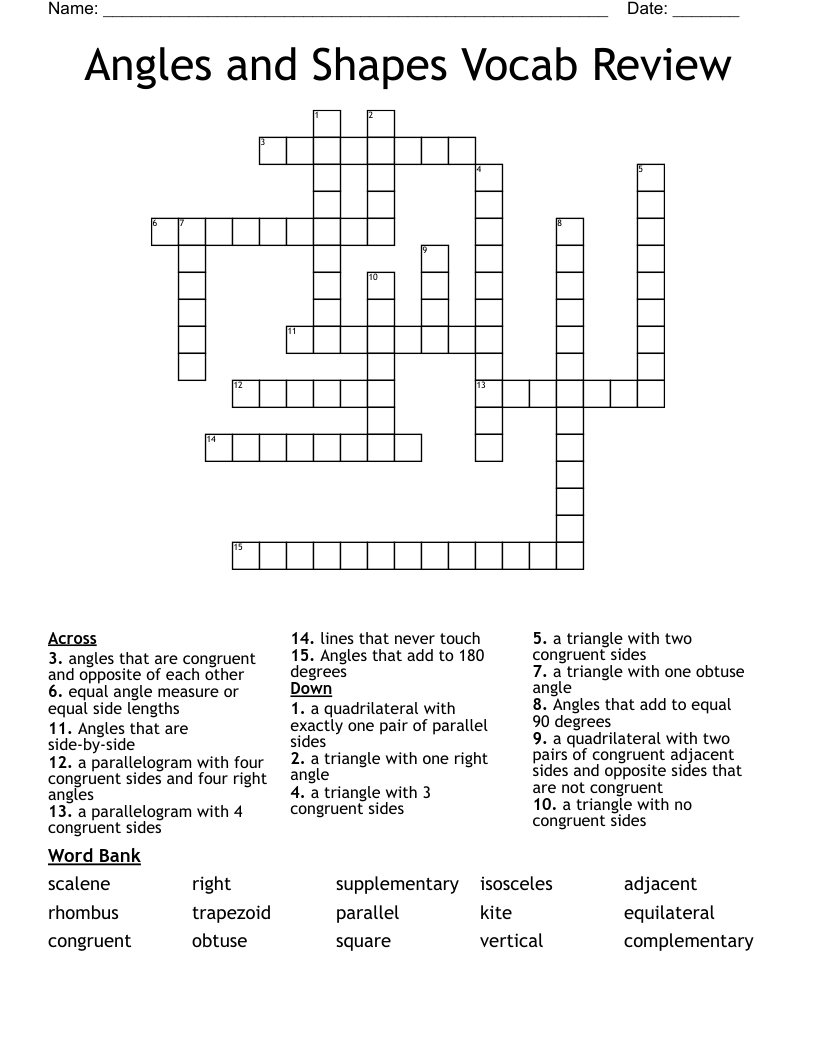 Angles and Shapes Vocab Review Crossword