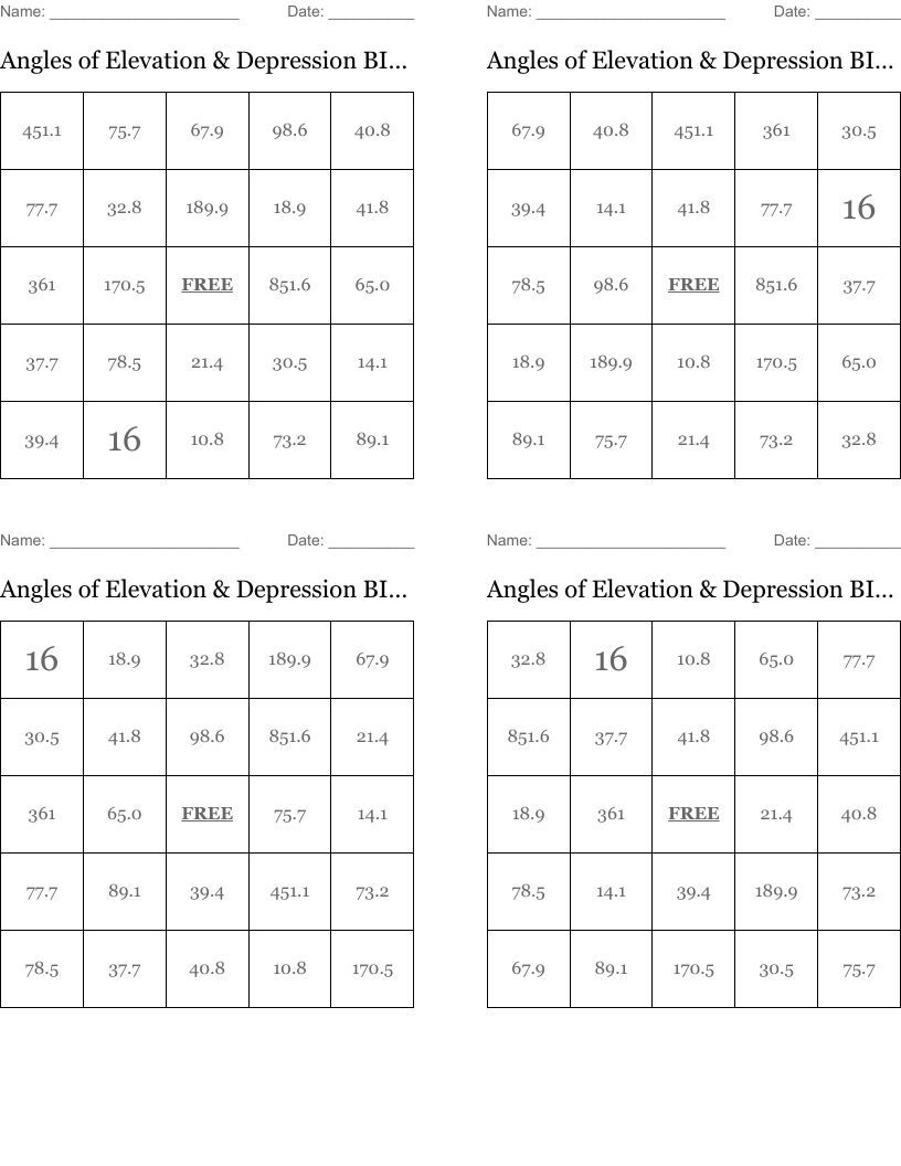 Angles of Elevation & Depression BINGO