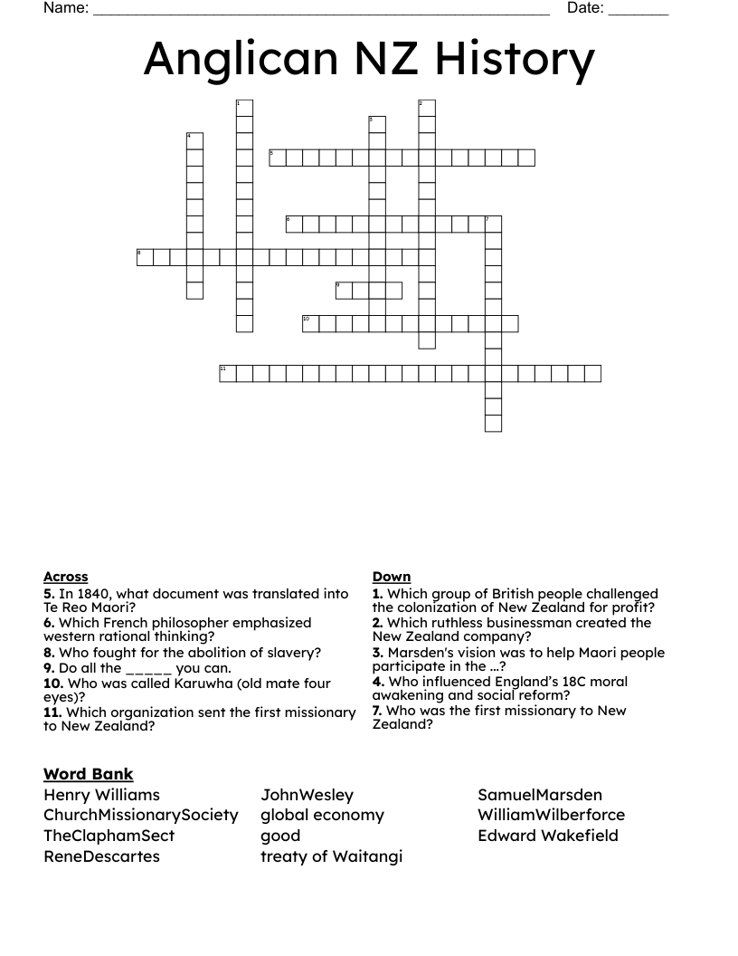 Anglican NZ History Crossword