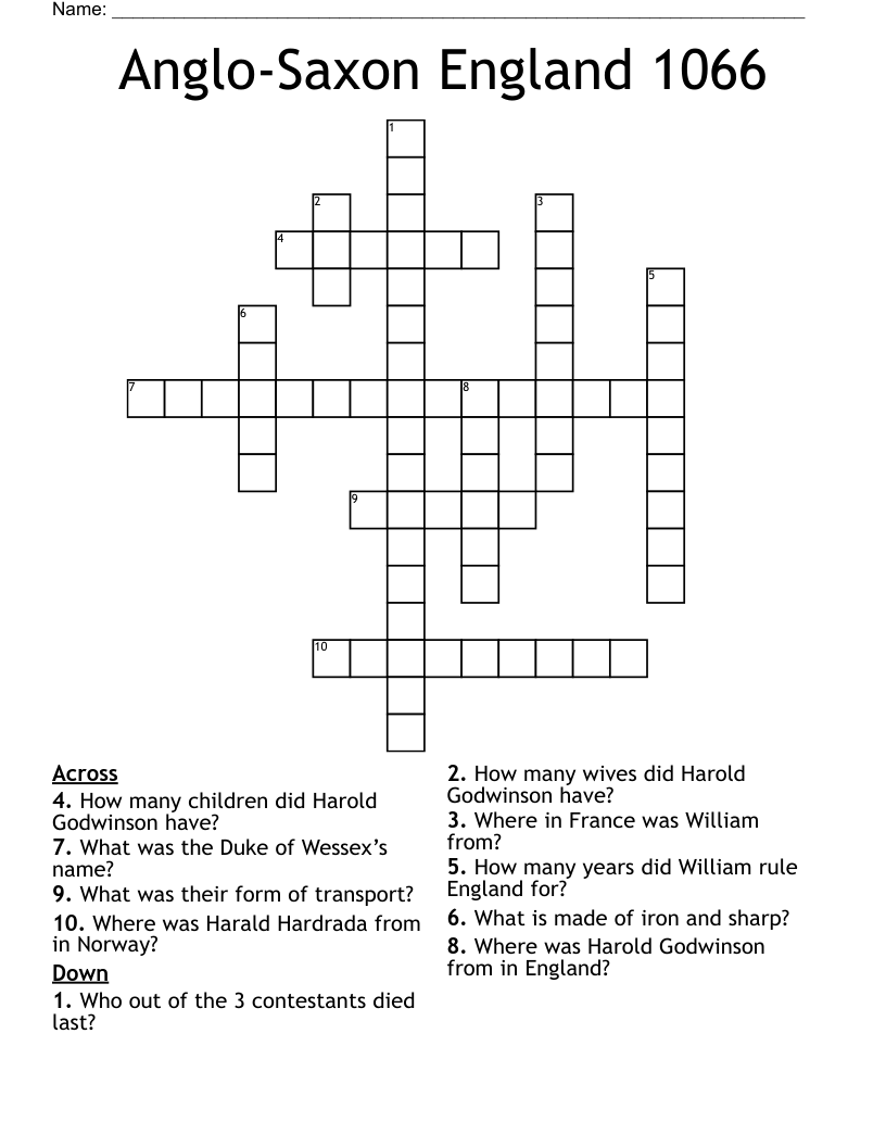 Anglo-Saxon England 1066 Crossword