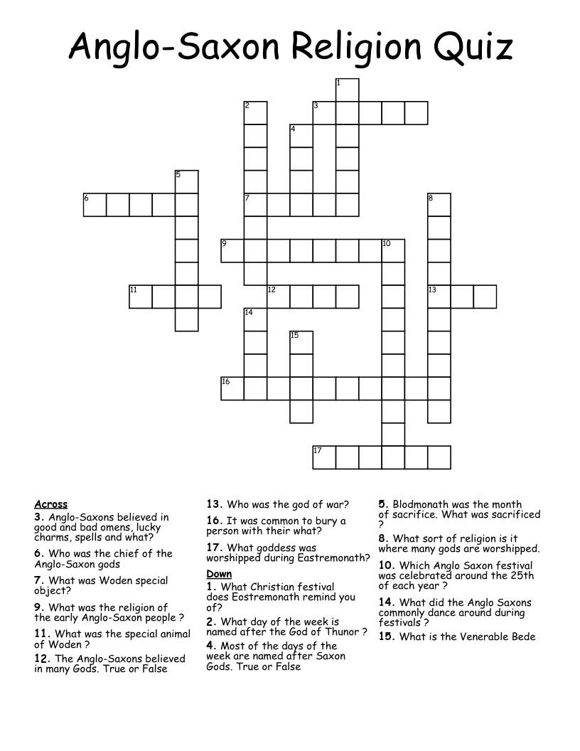 Anglo-Saxon Religion Quiz  Crossword