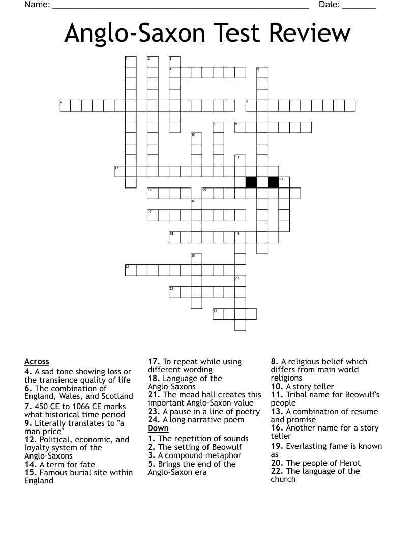 Anglo-Saxon Test Review Crossword