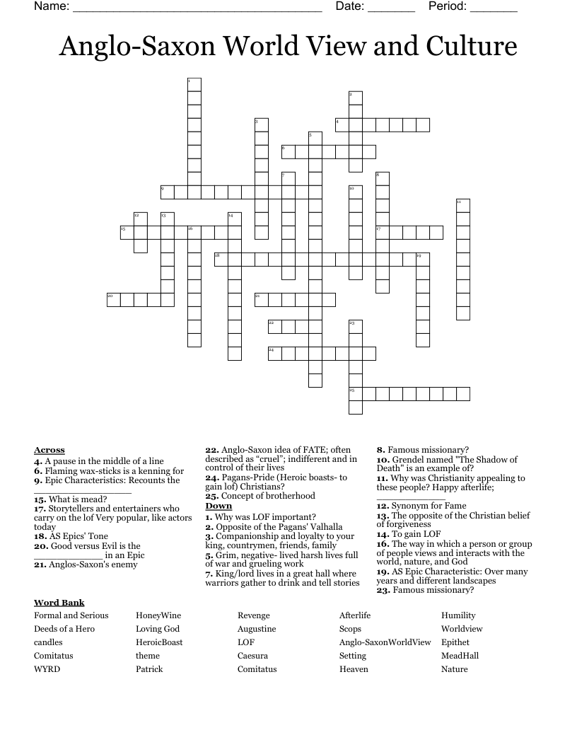 Anglo-Saxon World View and Culture Crossword