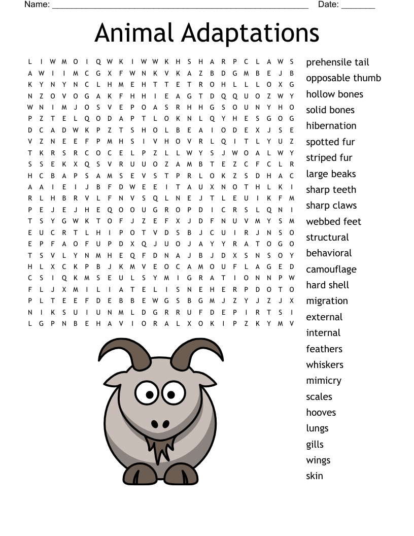 Animal Adaptations Word Search