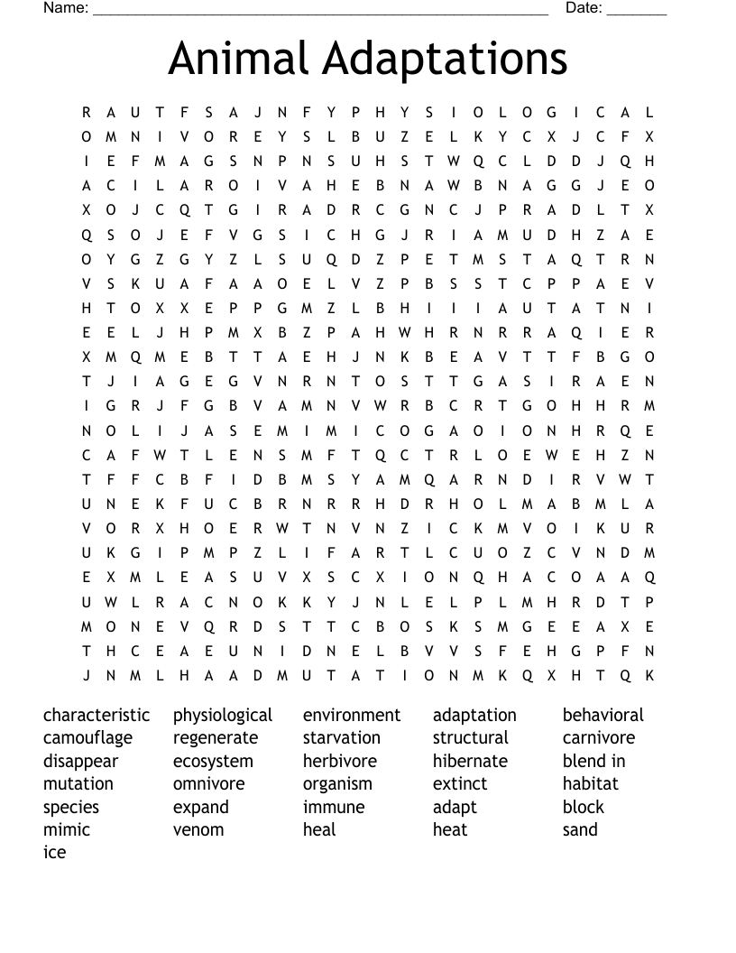 Animal Adaptations Word Search