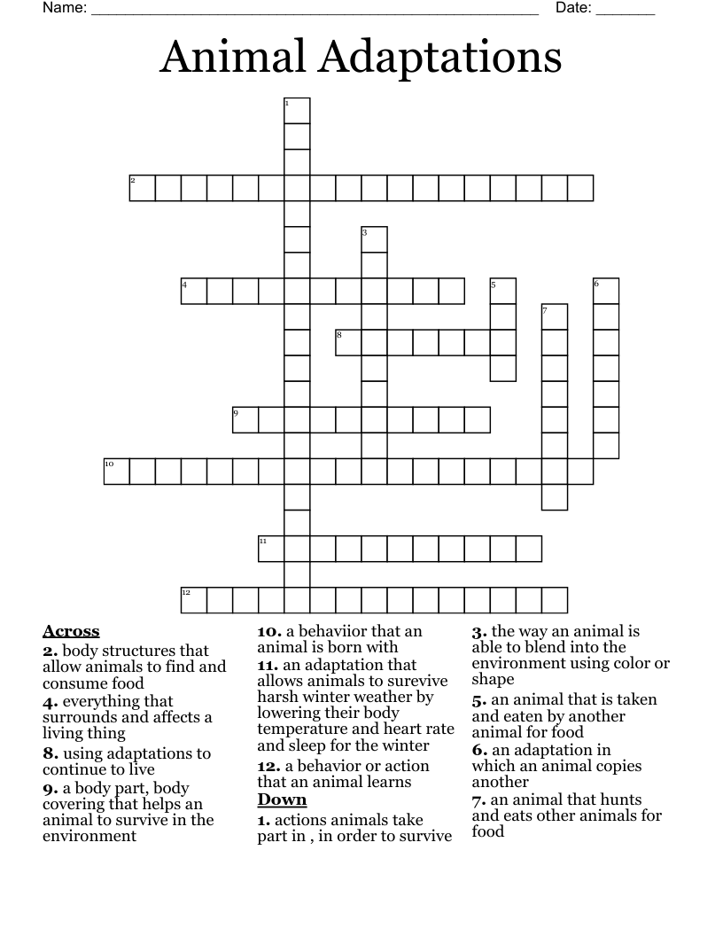 Animal Adaptations Crossword