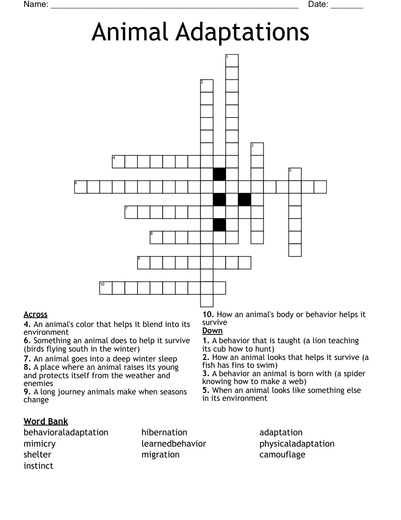 Animal Adaptations Crossword