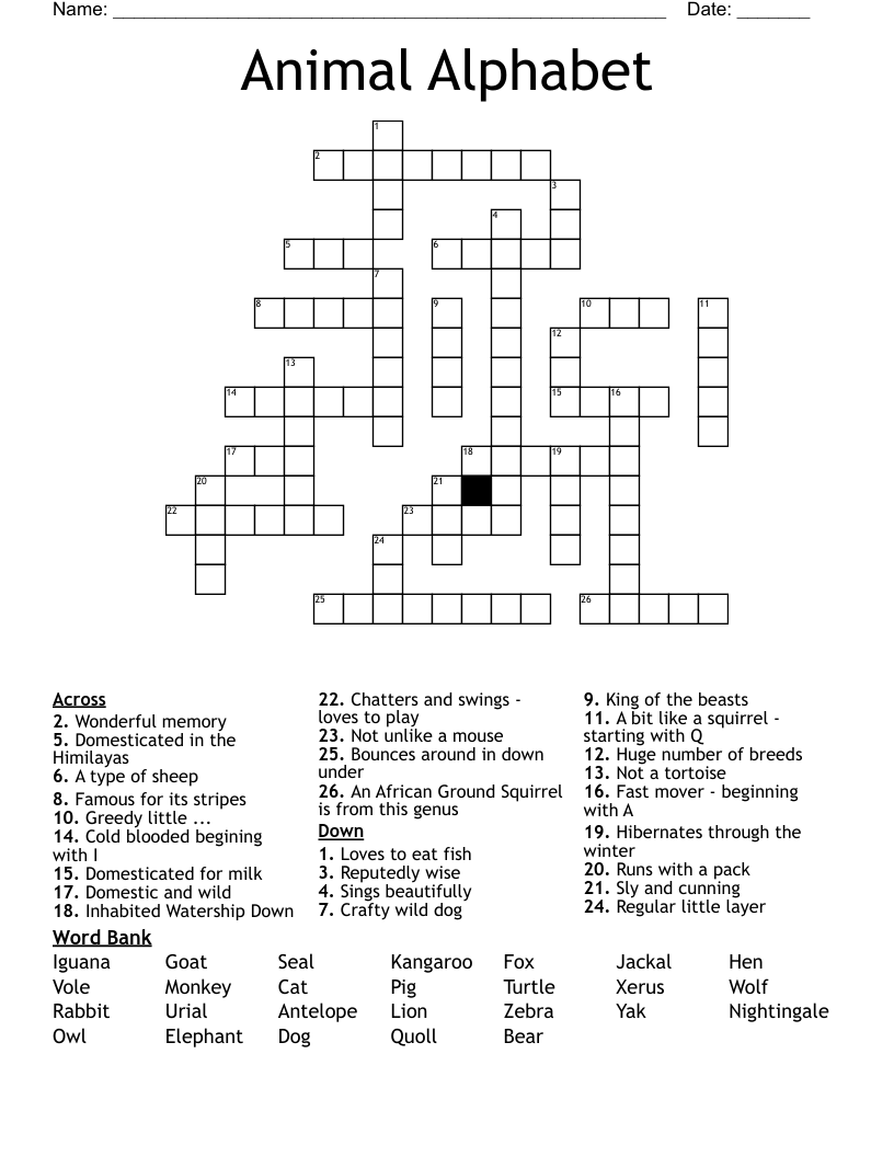 Animal Alphabet Crossword