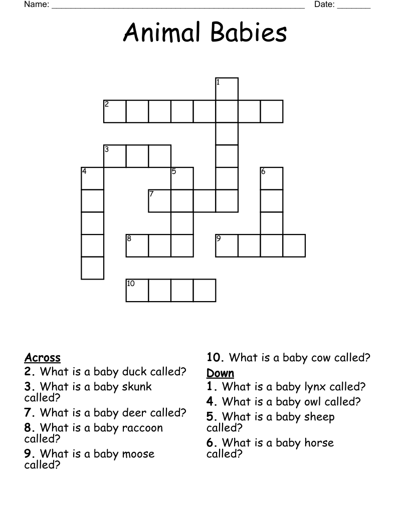 Animal Babies Crossword