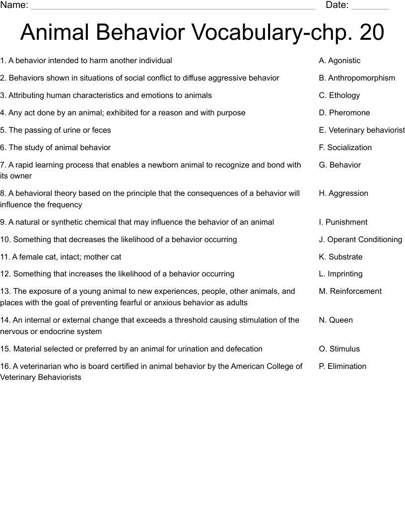 Animal Behavior Vocabulary-chp. 20 Worksheet