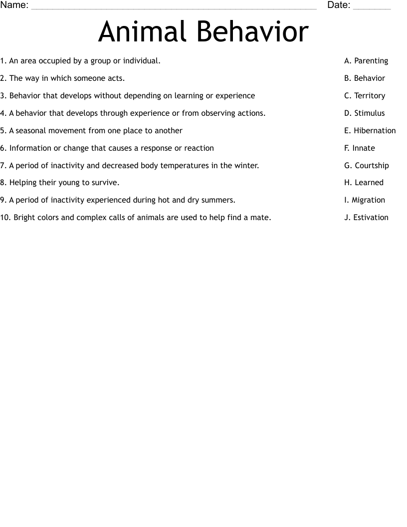 Animal Behavior  Worksheet