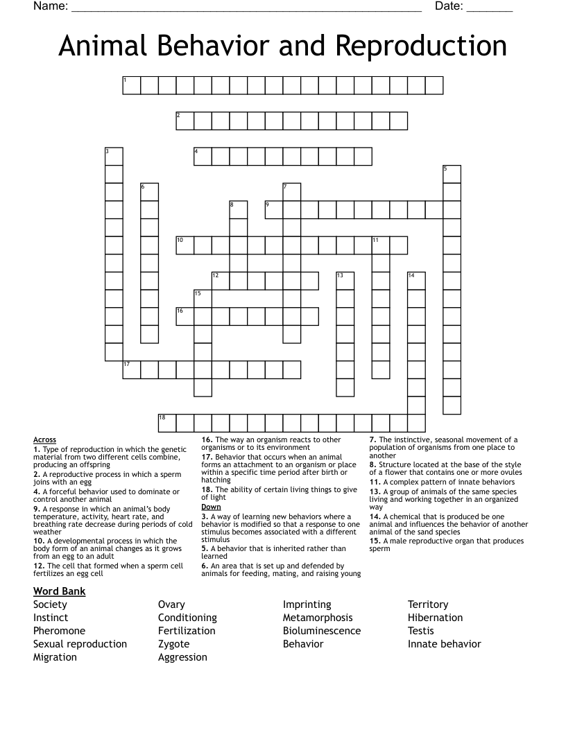 Animal Behavior and Reproduction Crossword