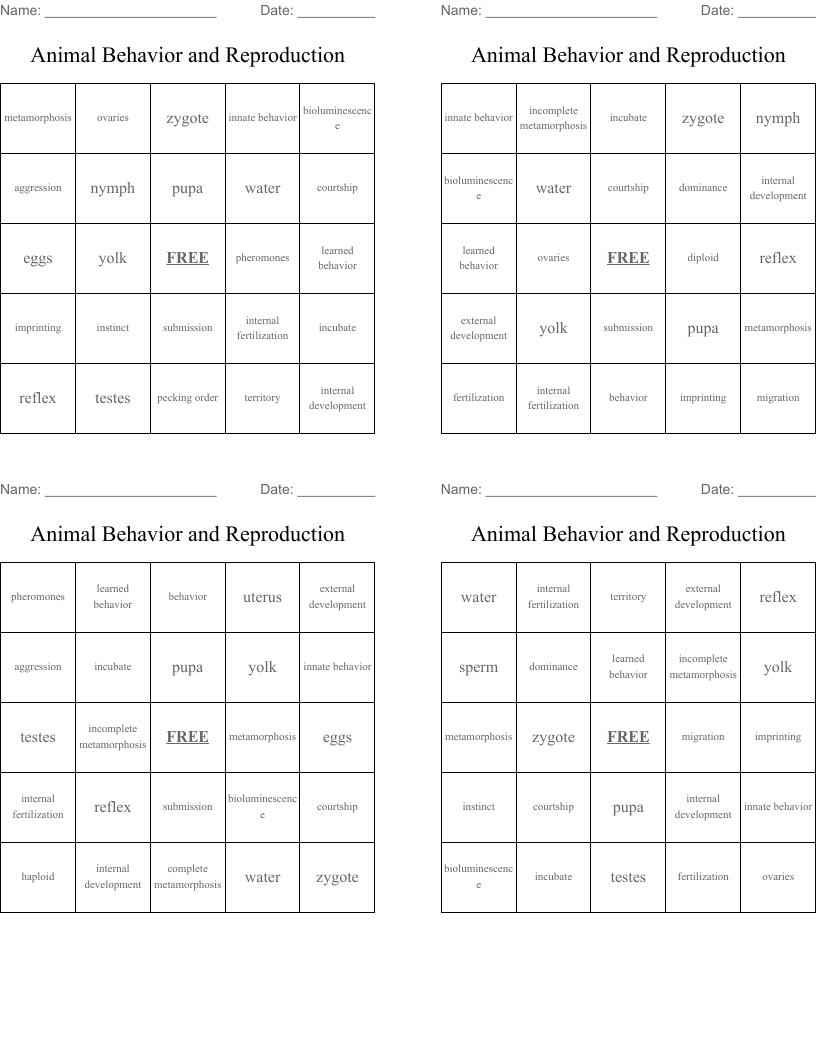 Animal Behavior and Reproduction Bingo Cards