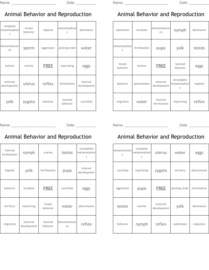 Animal Behavior and Reproduction Bingo Cards