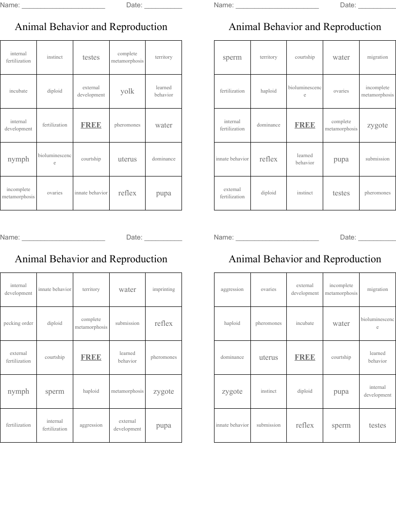Animal Behavior and Reproduction Bingo Cards