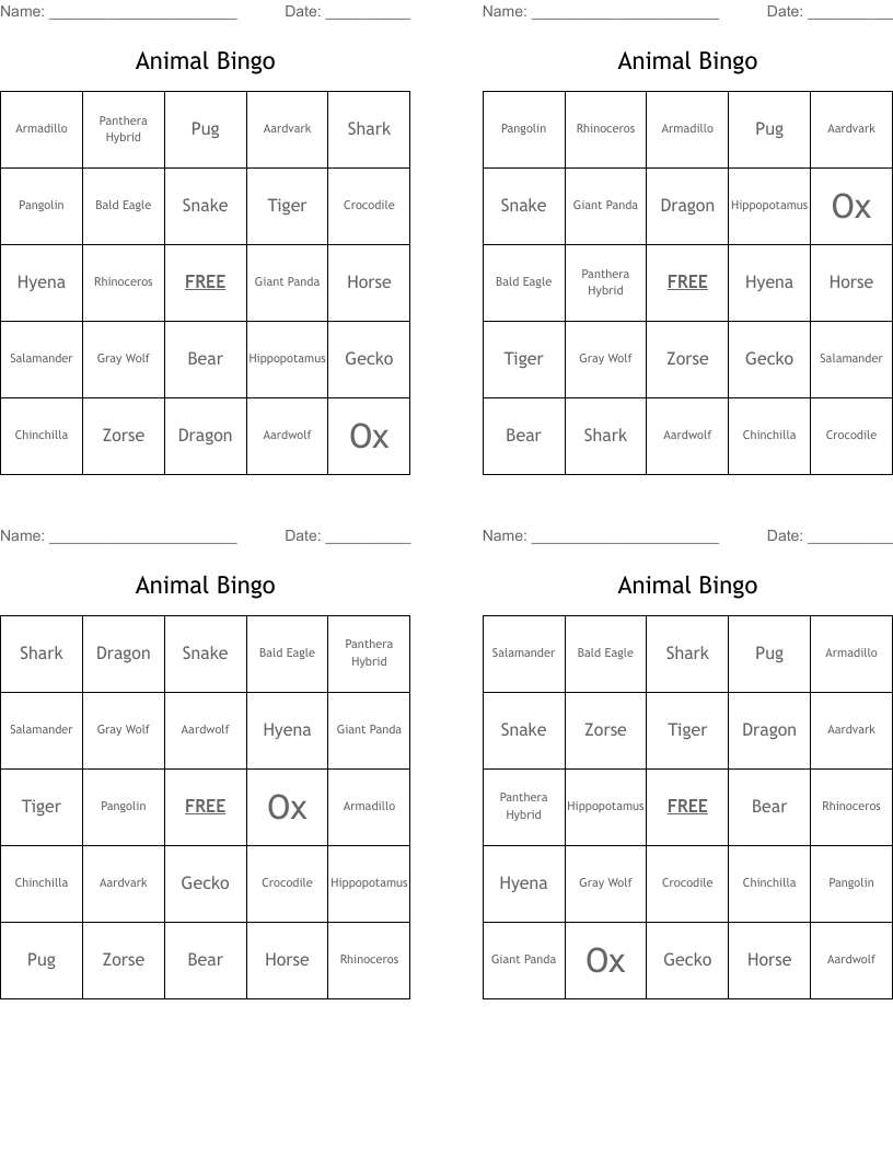Animal Bingo