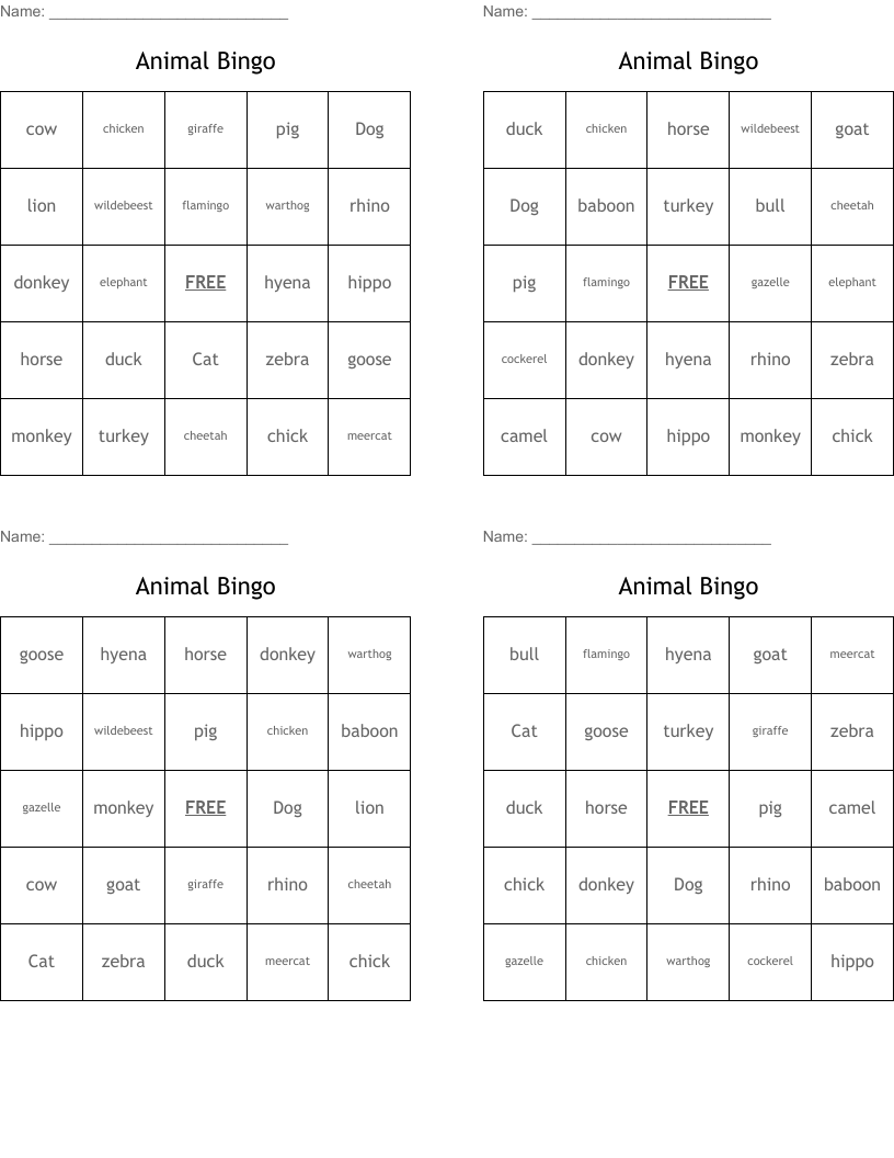Animal Bingo