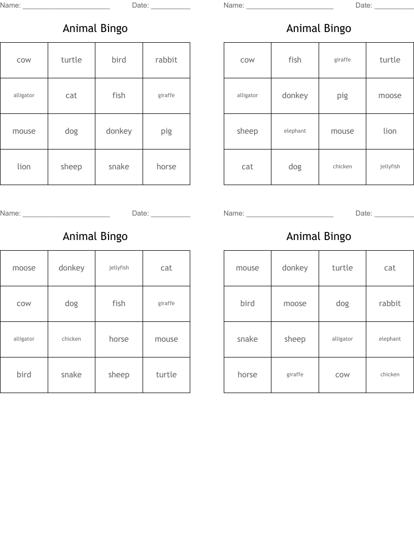 Animal Bingo 