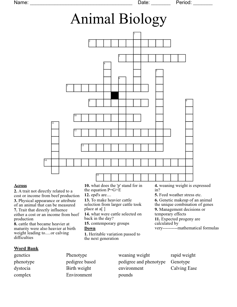 Animal Biology Crossword