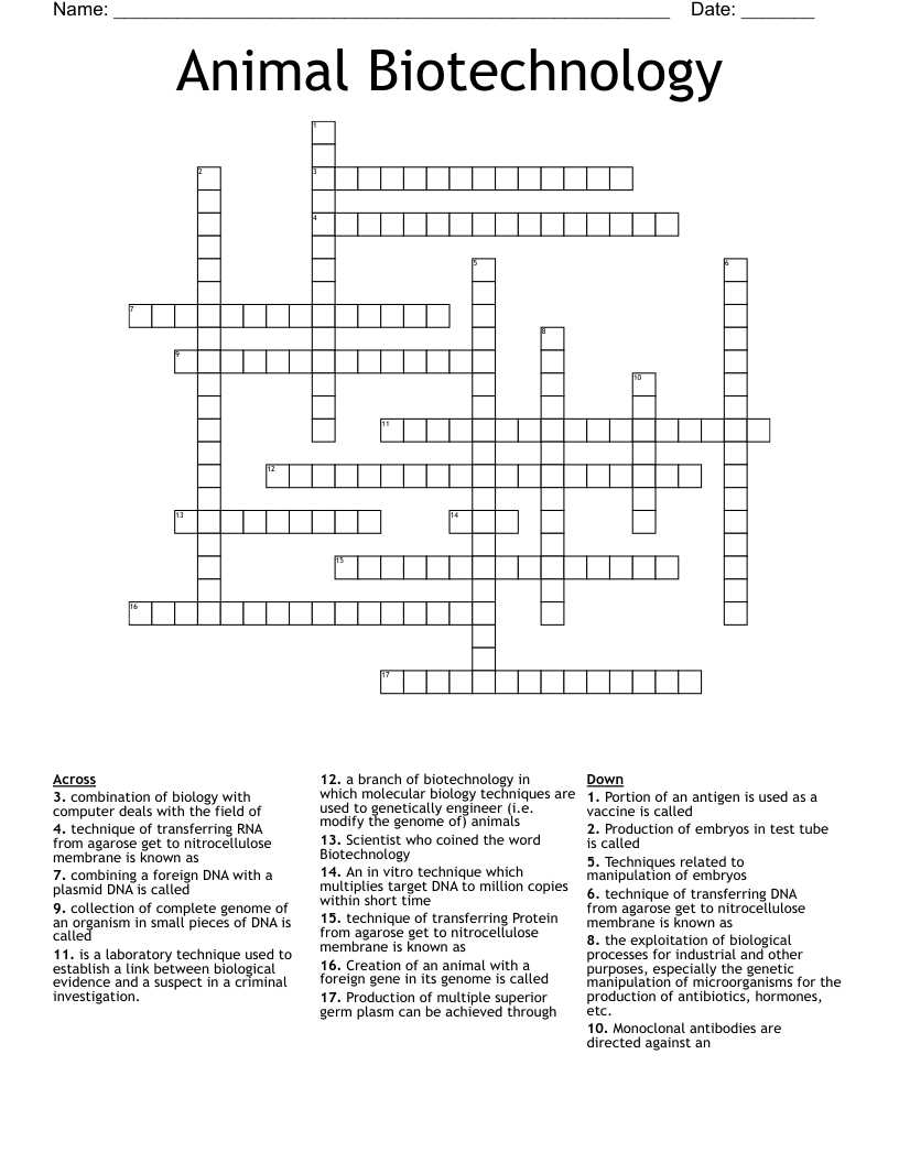 Animal Biotechnology Crossword
