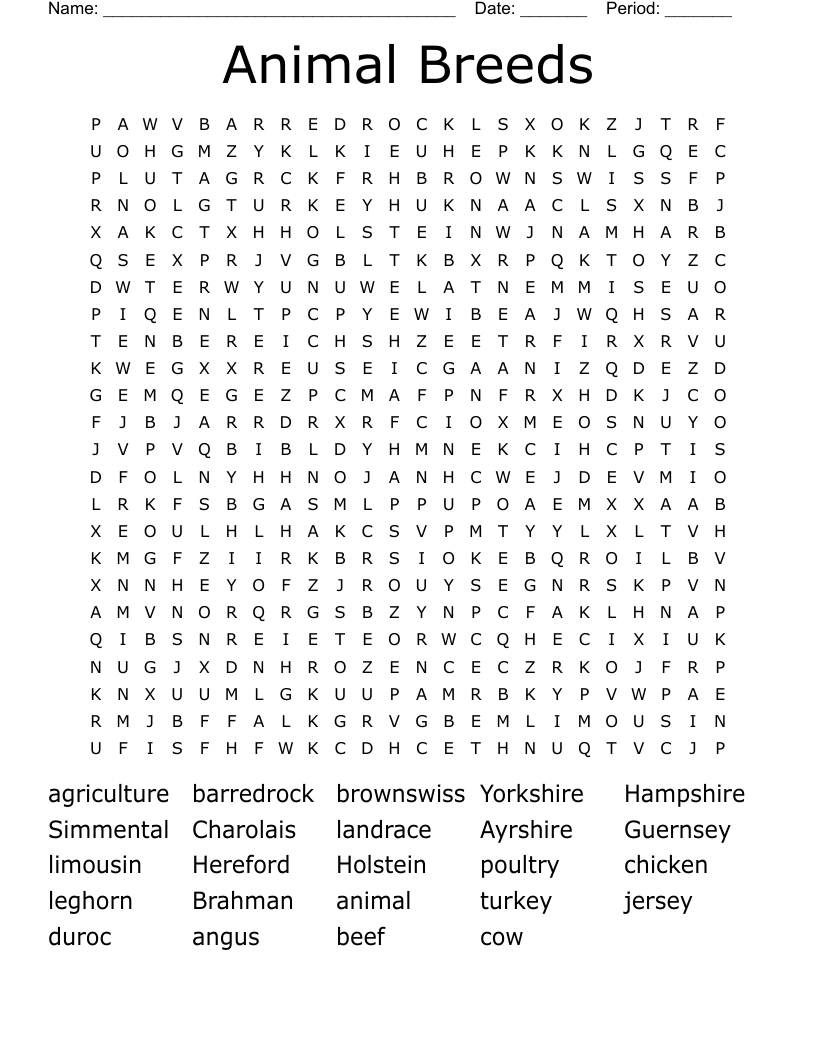 Animal Breeds Word Search