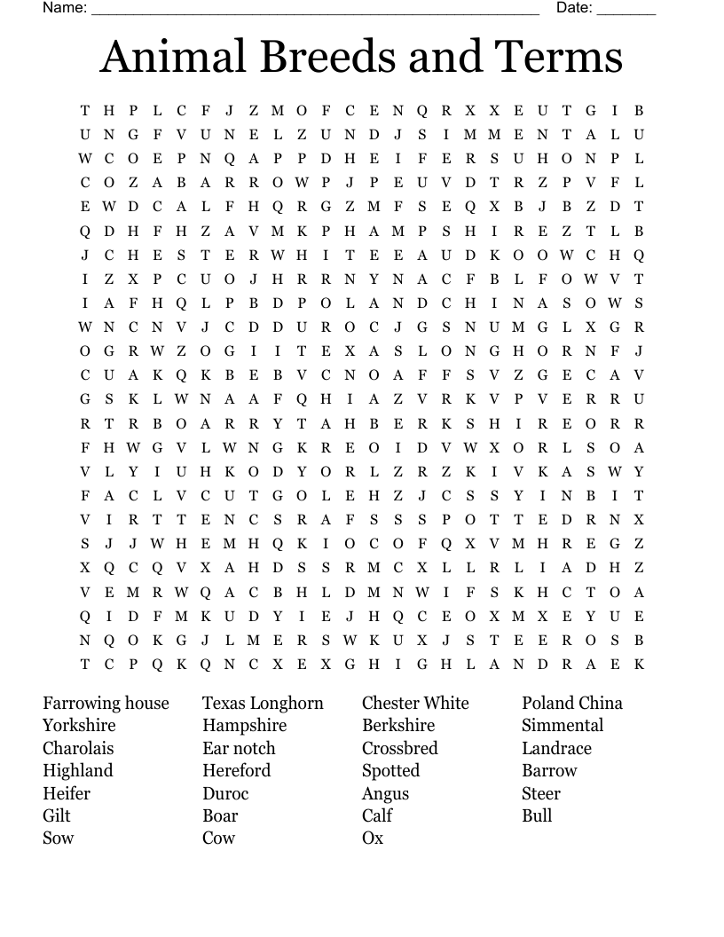 Animal Breeds and Terms Word Search
