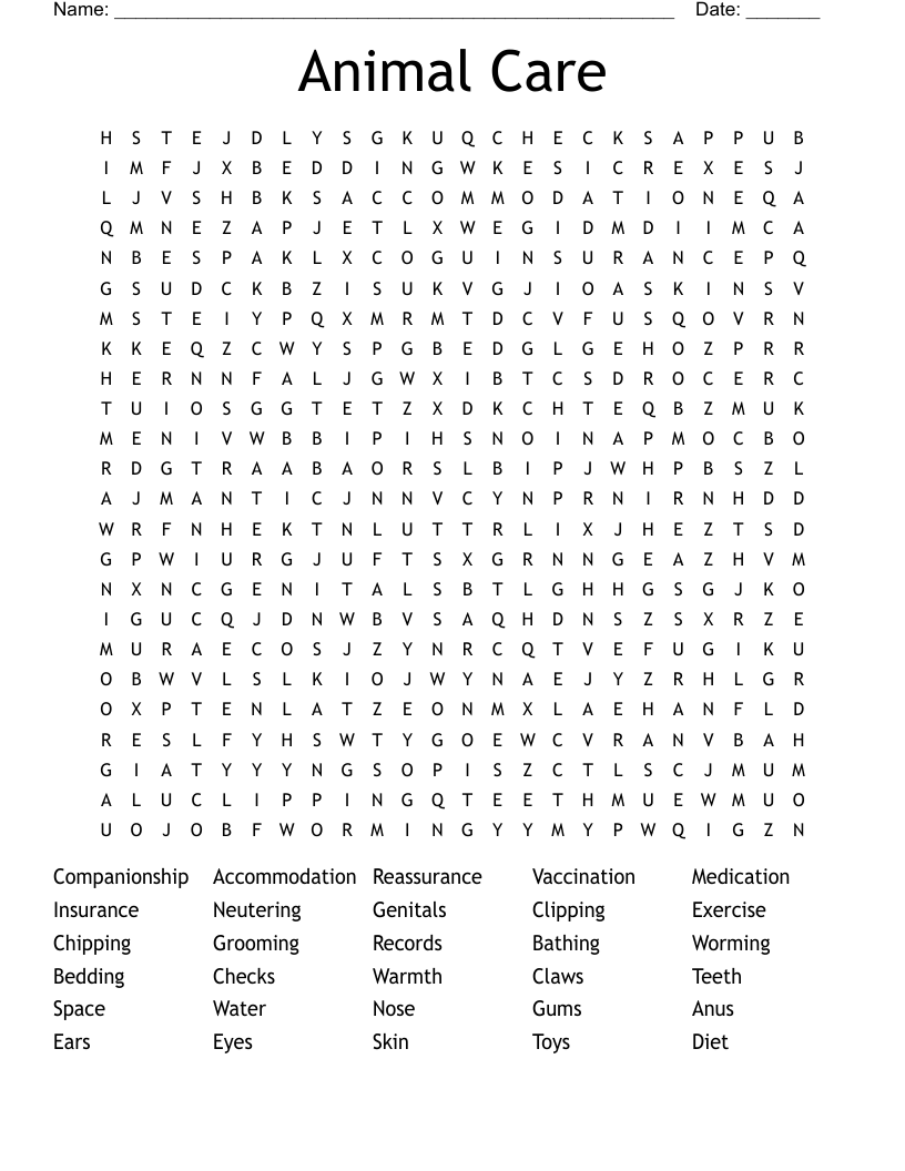 Animal Care Word Search