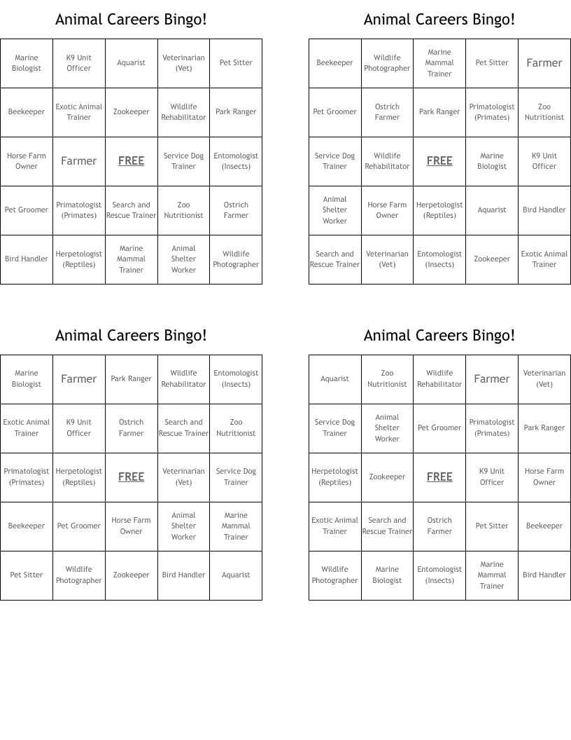 Animal Careers Bingo!