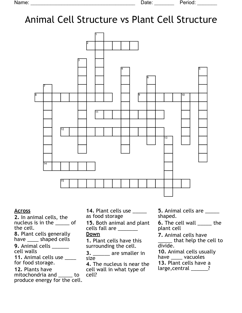 Animal Cell Structure vs Plant Cell Structure Crossword