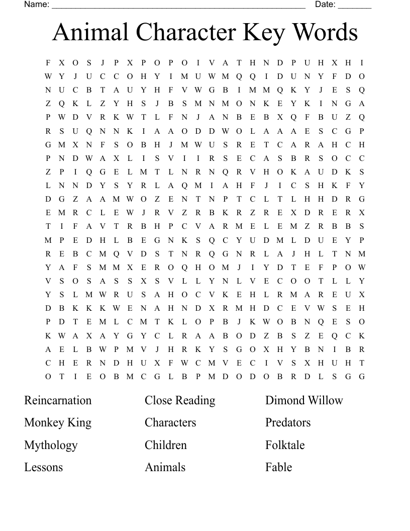 Animal Character Key Words Word Search