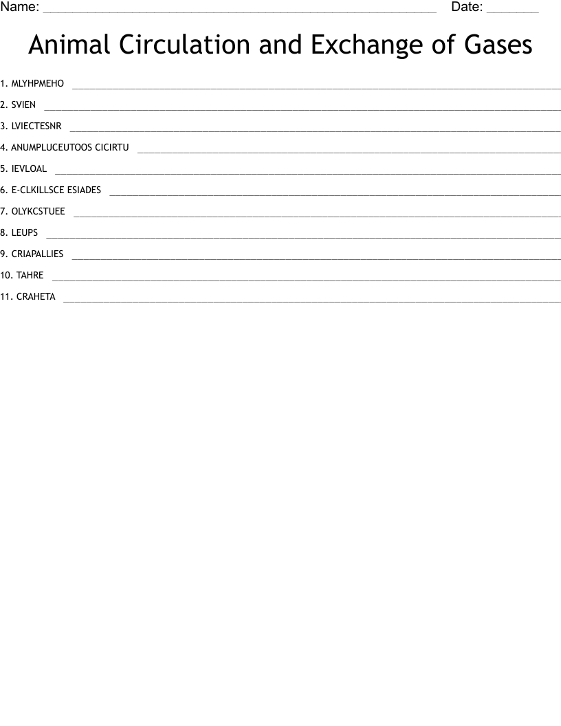Animal Circulation and Exchange of Gases Word Scramble