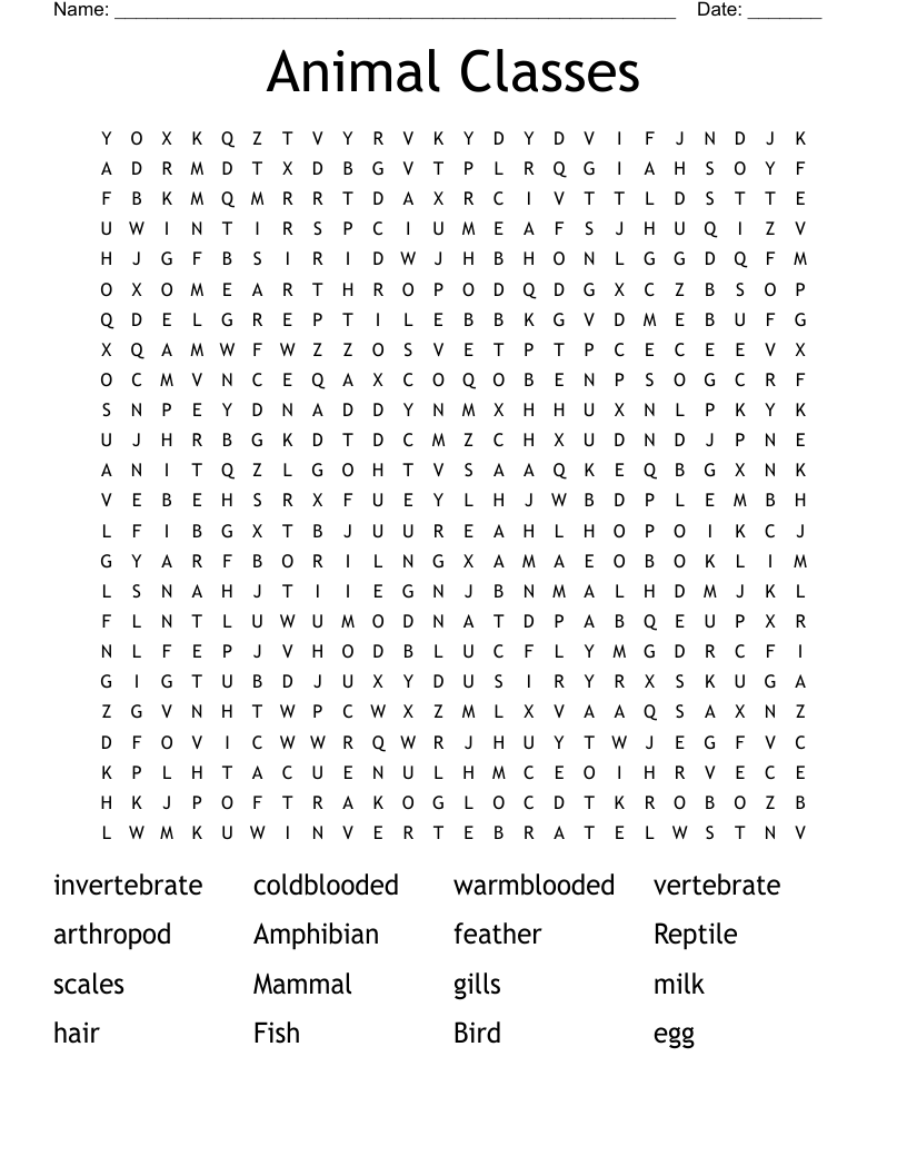 Animal Classes Word Search